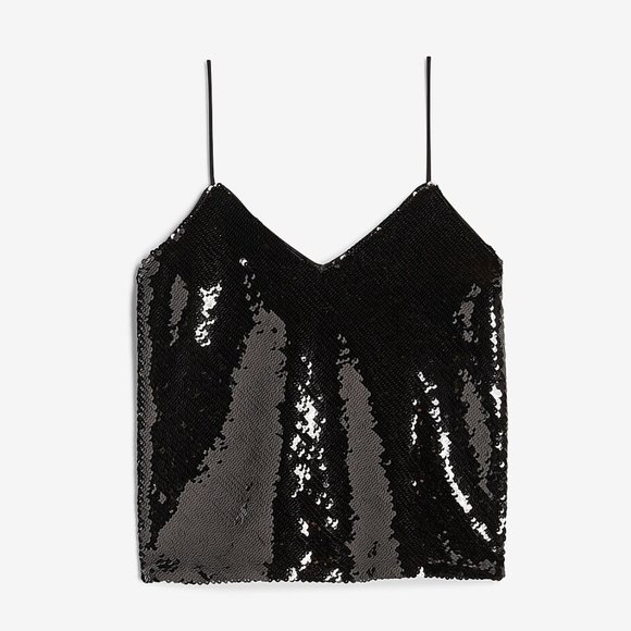EXPRESS Black Sequin Cropped Sequin Boxy V-Neck Cami Tank Top NWT Size L - Picture 3 of 3